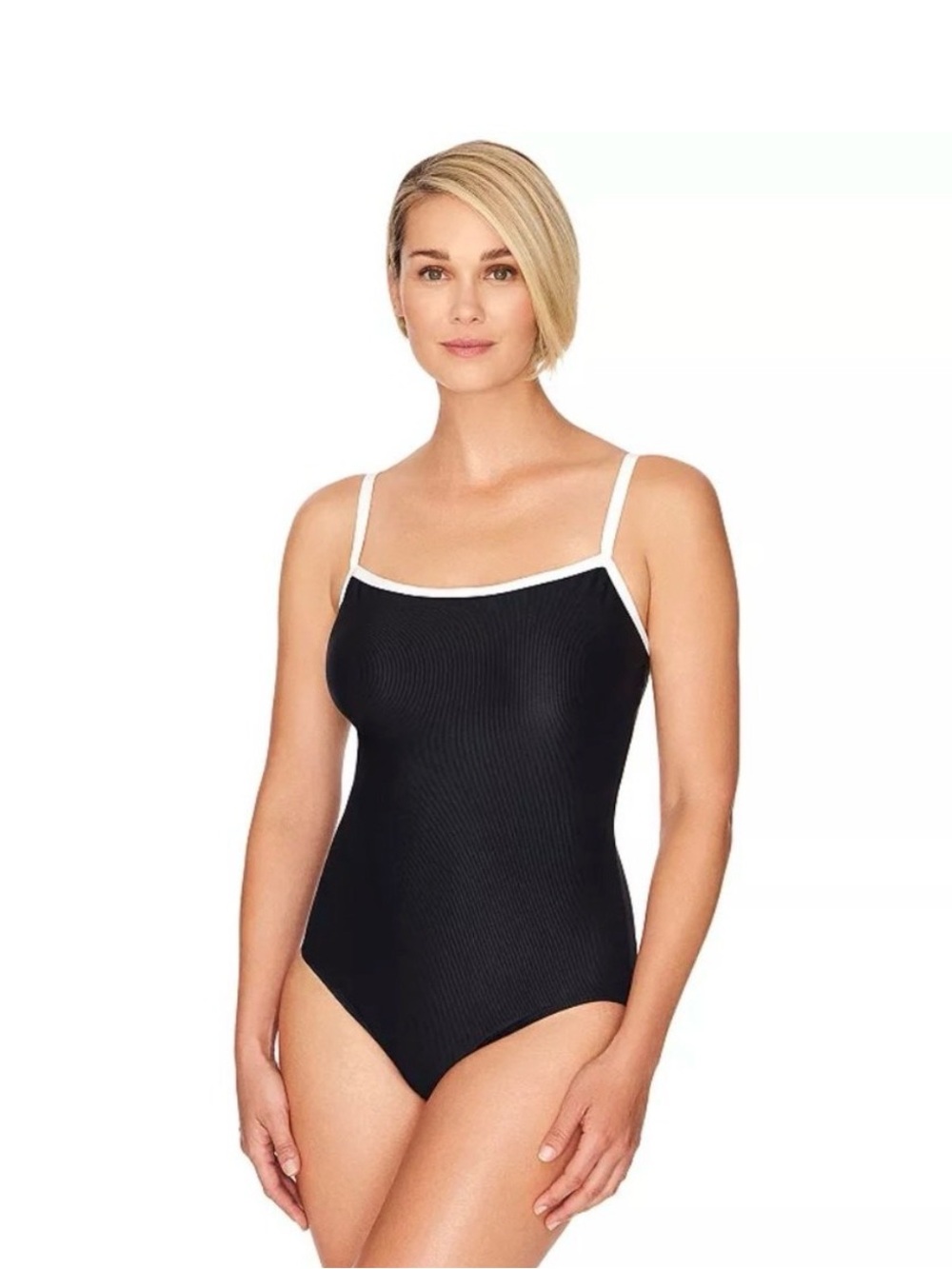 croft & barrow Black Ribbed One-Piece Swimsuit with White Trim
